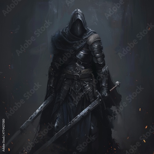 A man in a black cloak and helmet holding two swords