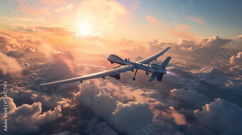 Military drone flying in the sky over the clouds