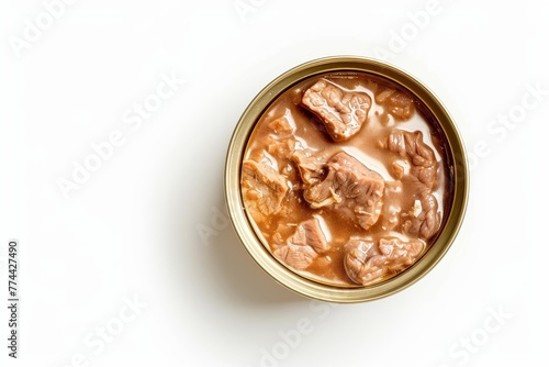 Opened wet cat food on white background Canned meat and liver in sauce for cats Pet carnivore feed
