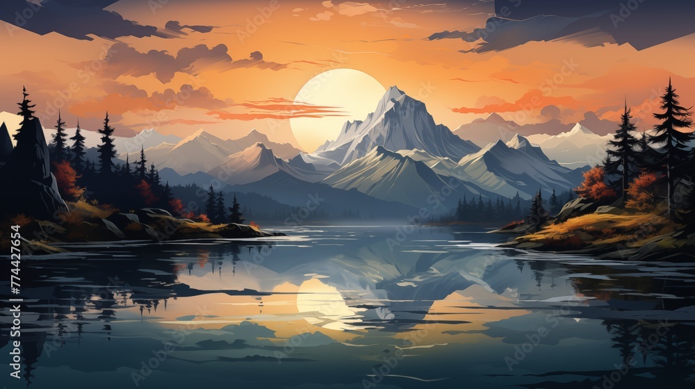 A serene logo icon depicting a peaceful mountain lake reflecting the surrounding peaks.