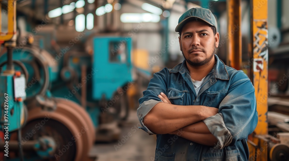 A striking image of a confident Hispanic male factory worker, arms crossed, commanding attention in the industrial construction environment