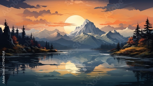 A serene logo icon depicting a peaceful mountain lake reflecting the surrounding peaks. photo