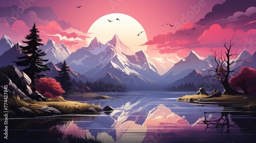 A serene logo icon depicting a peaceful mountain lake reflecting the surrounding peaks. photo