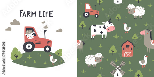 Childish pattern with farm animals, tractor and field, cute baby print. Seamless background, cute vector texture for kids bedding, fabric, wallpaper, wrapping paper, textile, t-shirt print © Colorlife