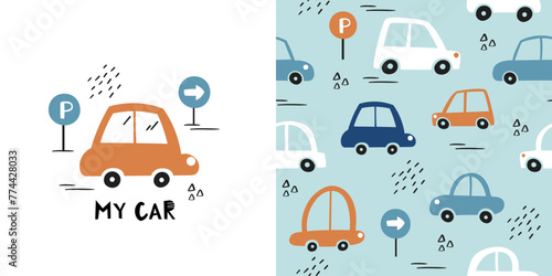 Сhildish pattern with little car, cute baby print. Transport seamless background, vector texture for kids bedding, fabric, wallpaper, wrapping paper, textile, t-shirt print