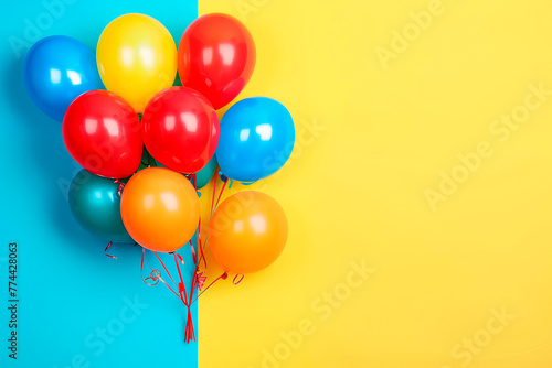 Bunch of bright balloons against a two colored background.