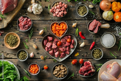 Overhead view of heart shaped bowls with fresh ingredients for pet food on rustic wood including raw beef liver chicken vegetables and grains