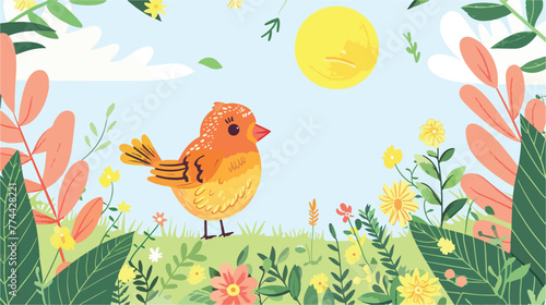 Illustration of a bird in garden flat cartoon vacto