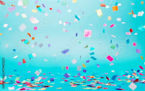Colored confetti flying in the blue sky. Are small pieces or streamers of paper, mylar, or metallic material which are thrown at parades and celebrations.