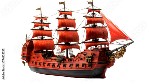 A majestic red and black pirate ship sails bravely on a white canvas of the sea