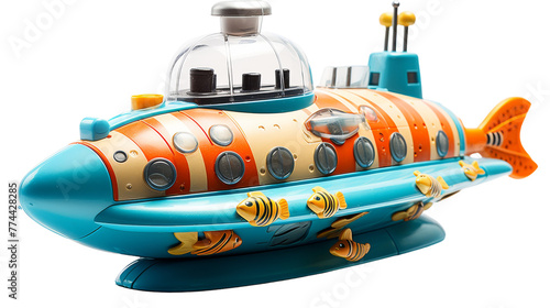 Blue and orange toy submarine with a dome on top, floating in imaginary waters