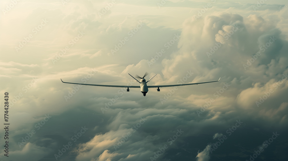 Military drone flying in the sky over the clouds Military drone flying in the sky over the clouds
