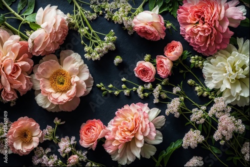 A flat lay photograph featuring pink and white peonies, ranunculus, chrysanthemums, with some leaves scattered around the flowers. The botanical backdrop has vibrant colors against a black background. © Mirror Flow