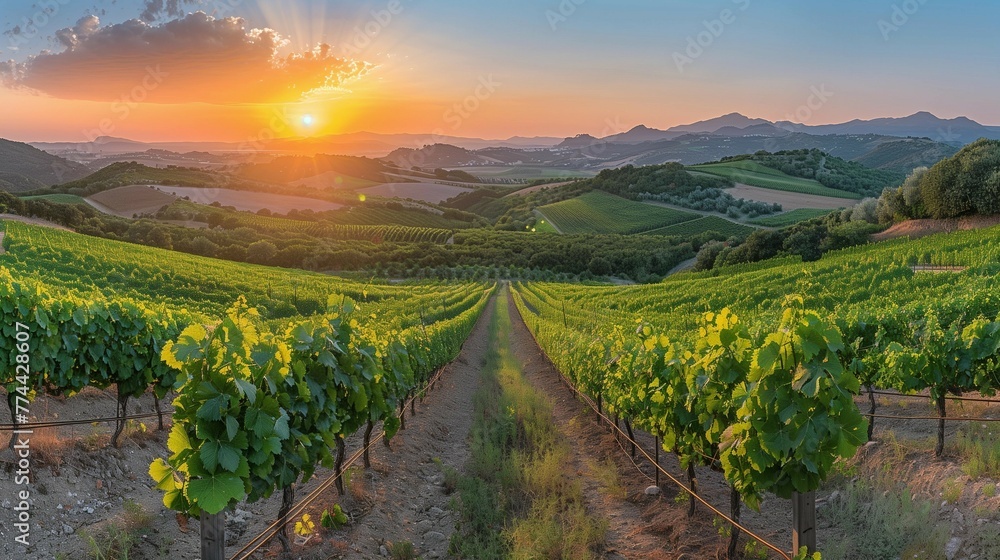 Fototapeta premium Dawn Breaking at the Grapevine Fields, generative ai