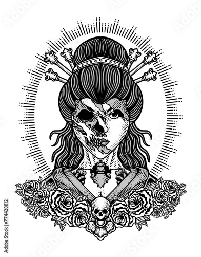 Illustration vector geisha skull with rose flowers, Tattoo design.