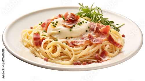 A delectable plate of spaghetti intertwined with crispy bacon strips and rich cream sauce