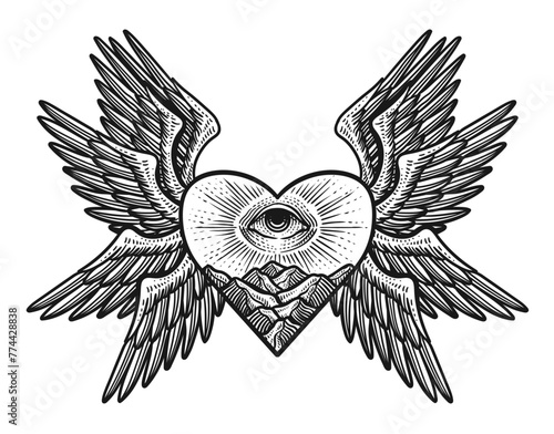 Illustration of Heart wings angel with illuminati eyes.