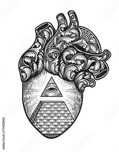 Illustration vector illuminati eye with engraving ornament heart.