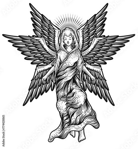 illustration seraphim angel antique engraving style.