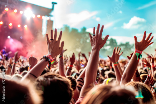 Crowd at a concert with hands up. Hands in the air positive vibes at festival.