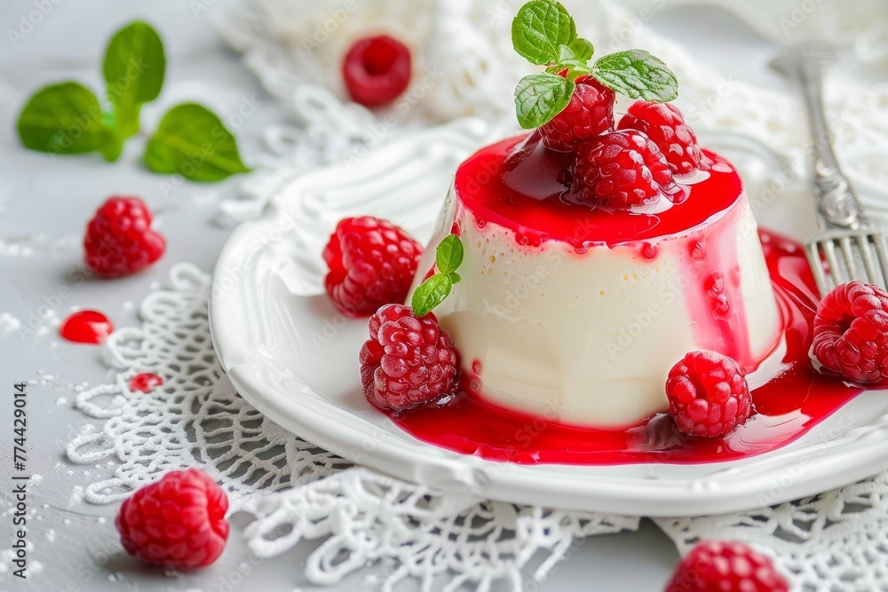 Panna cotta with raspberry sauce Italian dessert on lace background Panna cotta with raspberry sauce Italian dessert on lace background