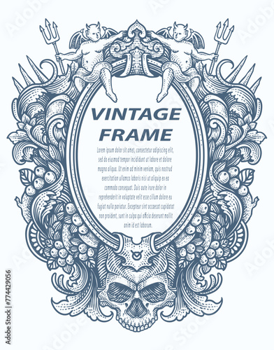 Vintage border frame engraving with antique ornament pattern - Vector Design