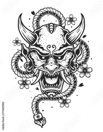 Illustration vector hannya mask, Japanese demon oni mask with ropes and sakura flower.