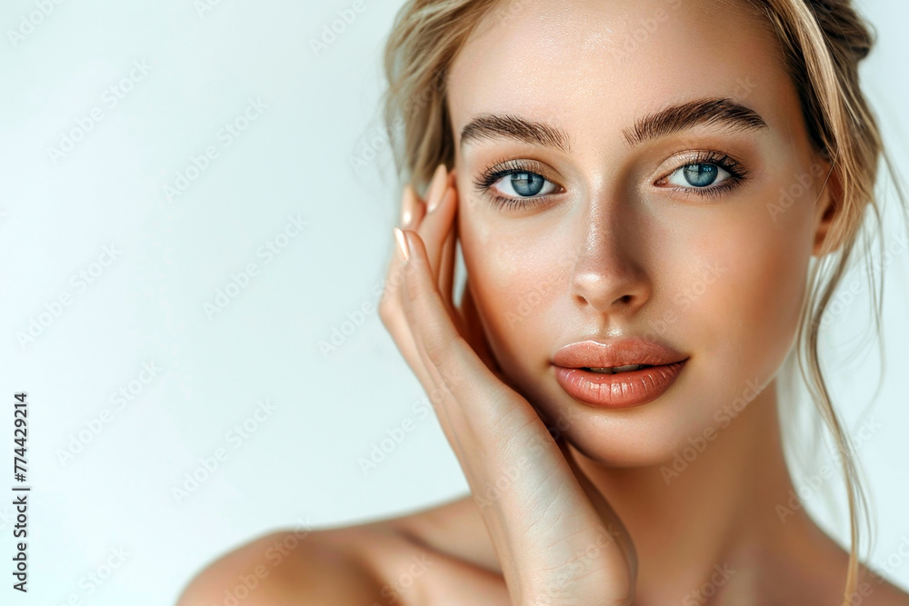 A young woman with a flawless complexion, clear blue eyes full lips accented by natural makeup. Concept of skincare and natural beauty. copy space