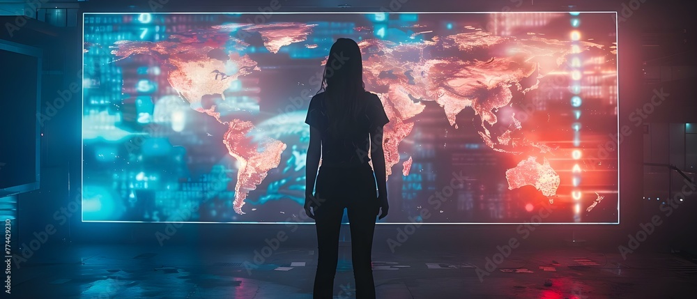 Illuminated by Neon Lights: Unrecognizable Woman Standing in Front of Large Monitor Displaying World Map with Changing Statistics. Concept Neon Lights, Unrecognizable Woman, Large Monitor, World Map