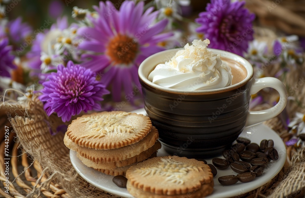 Peruvian manjar cream with alfajor cookies and a coffee cup with flowers in the background Selective Focus Peruvian manjar cream with alfajor cookies and a coffee cup with flowers in the background Selective Focus