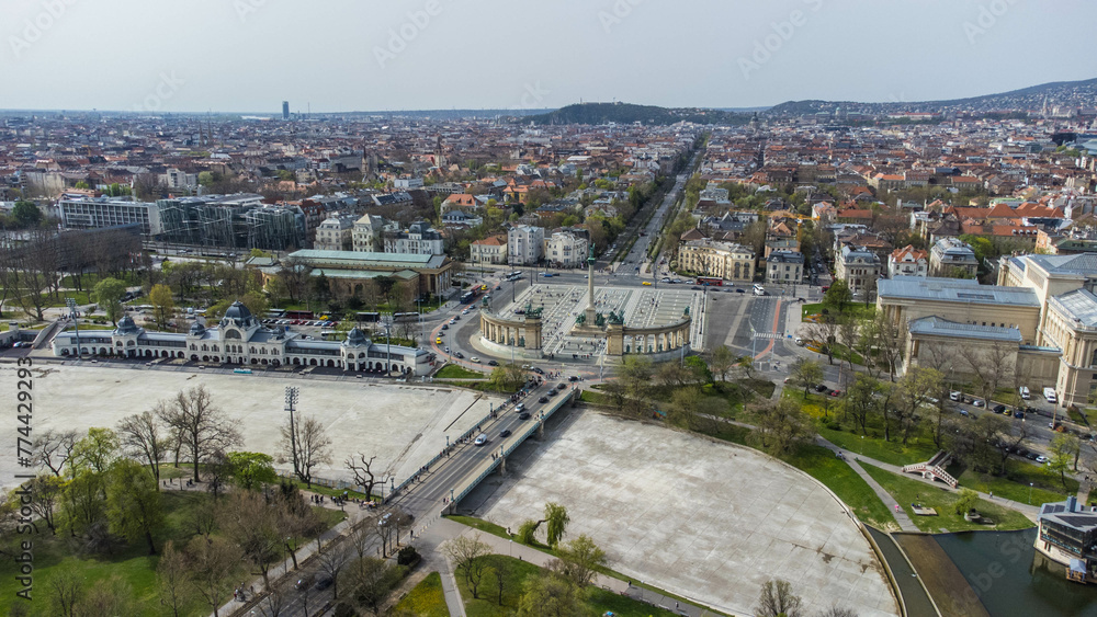 Hősök tere, or Heroes' Square, is a grandiose square located in Budapest, Hungary, renowned for its monumental statues and historical significance captured from a drone