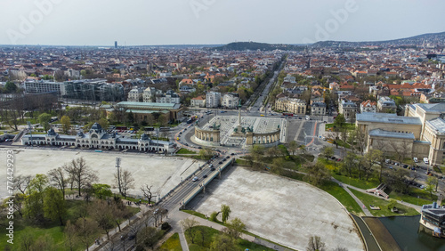 Hősök tere, or Heroes' Square, is a grandiose square located in Budapest, Hungary, renowned for its monumental statues and historical significance captured from a drone