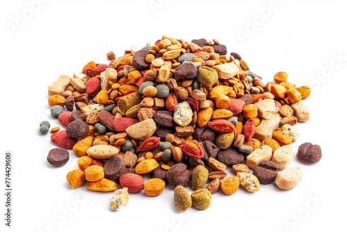 Pet food pile on white background