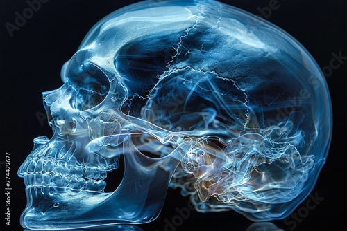Sharp x-ray image displays human skull in blue on black photo