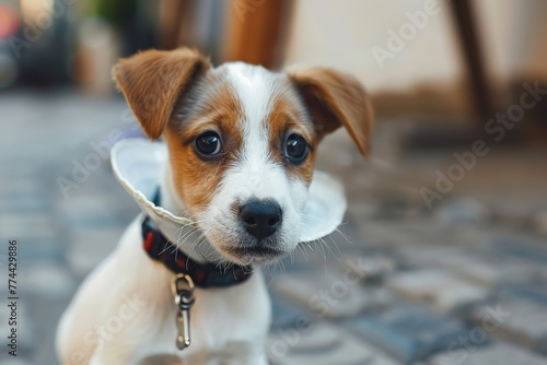 Photographing puppy with collar after accident photo