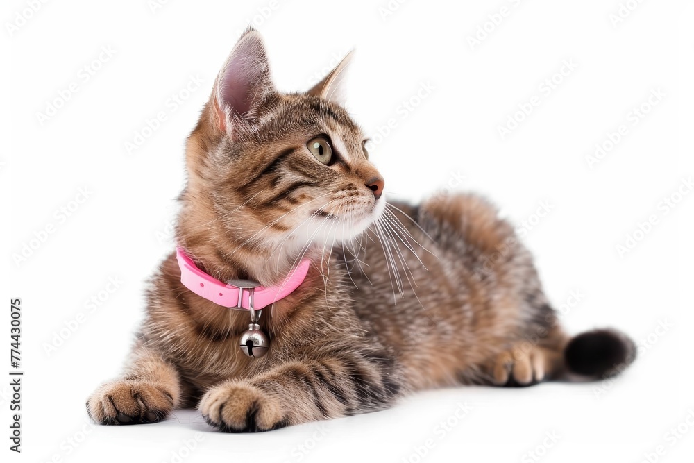 Pink cat collar with bell on white background