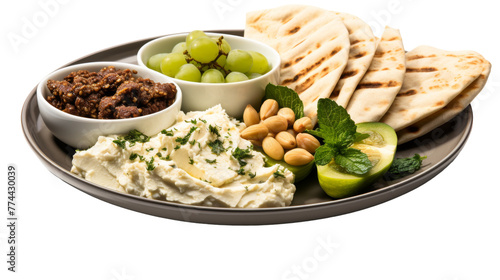 A plate of hummus, pita bread, grapes, and cucumber set on a wooden table
