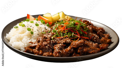 A beautifully arranged plate showcasing a delicious combination of juicy meat, fluffy rice, and colorful vegetables