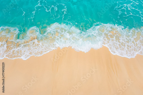 Aerial top view on nature landscape view of beautiful tropical clean sandy beach and soft blue ocean. Aerial top-down view.