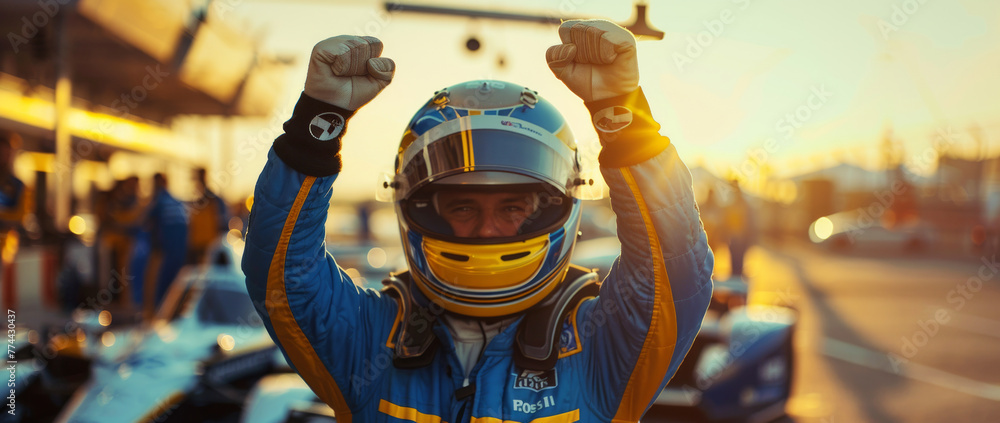 Excited racecar driver celebrates pit box triumph with helmet