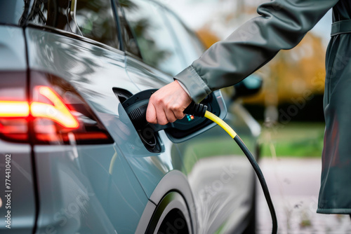 Woman's hand plugging in a charging lead to her electric car. © Tjeerd