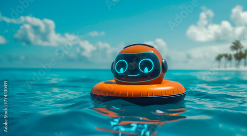 A chatbot that looks like a smiling and friendly robot,modern and attractive,floats in the ocean on an orange swimming circle,a concept of tourism business,travel and beach holidays