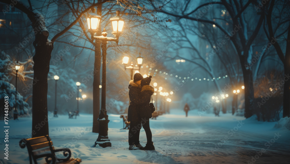 Soft street lamps glow: romantic couple embrace under snowy urban park night - obrazy, fototapety, plakaty 
