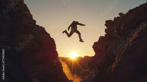Silhouette of a man jumping over a crevasse with a big step between two mountains at sunset created with Generative AI