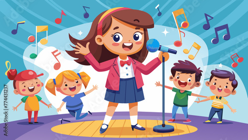 Children's Singing Performance School Karaoke Vector Illustration