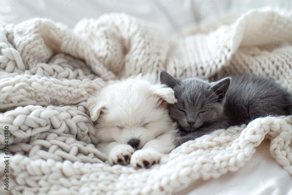 Small Bichon Frise puppy and gray kitten nap under white blanket on bed Top view with space for text Small Bichon Frise puppy and gray kitten nap under white blanket on bed Top view with space for text
