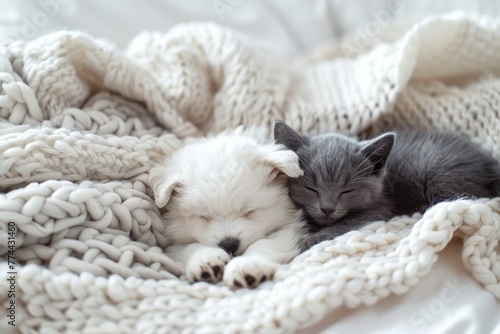 Small Bichon Frise puppy and gray kitten nap under white blanket on bed Top view with space for text