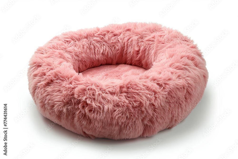 Soft round plush pet bed in pink white background Soft round plush pet bed in pink white background