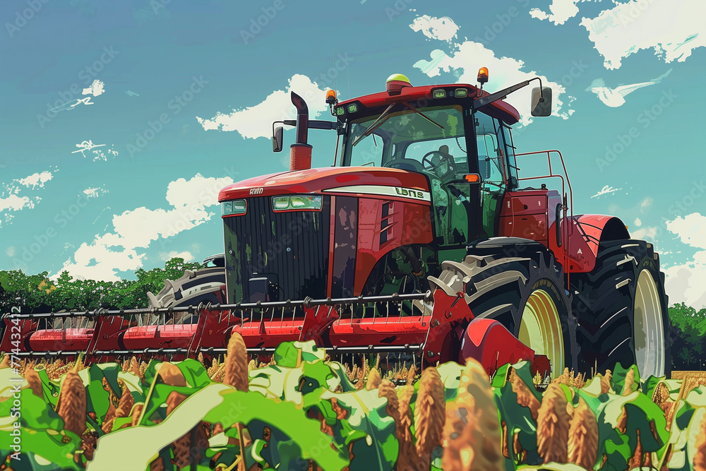 Obraz premium Red Tractor Driving Through Corn Field