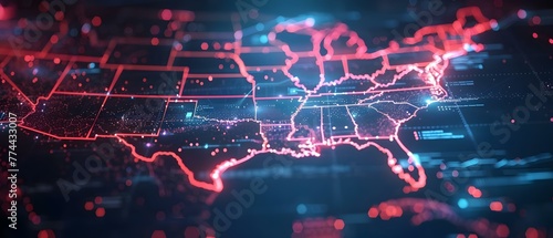 Futuristic USA map infographic showing complex data visualization with abstract graphics and information aesthetics. Concept Data Visualization, USA Map, Futuristic Design, Abstract Graphics